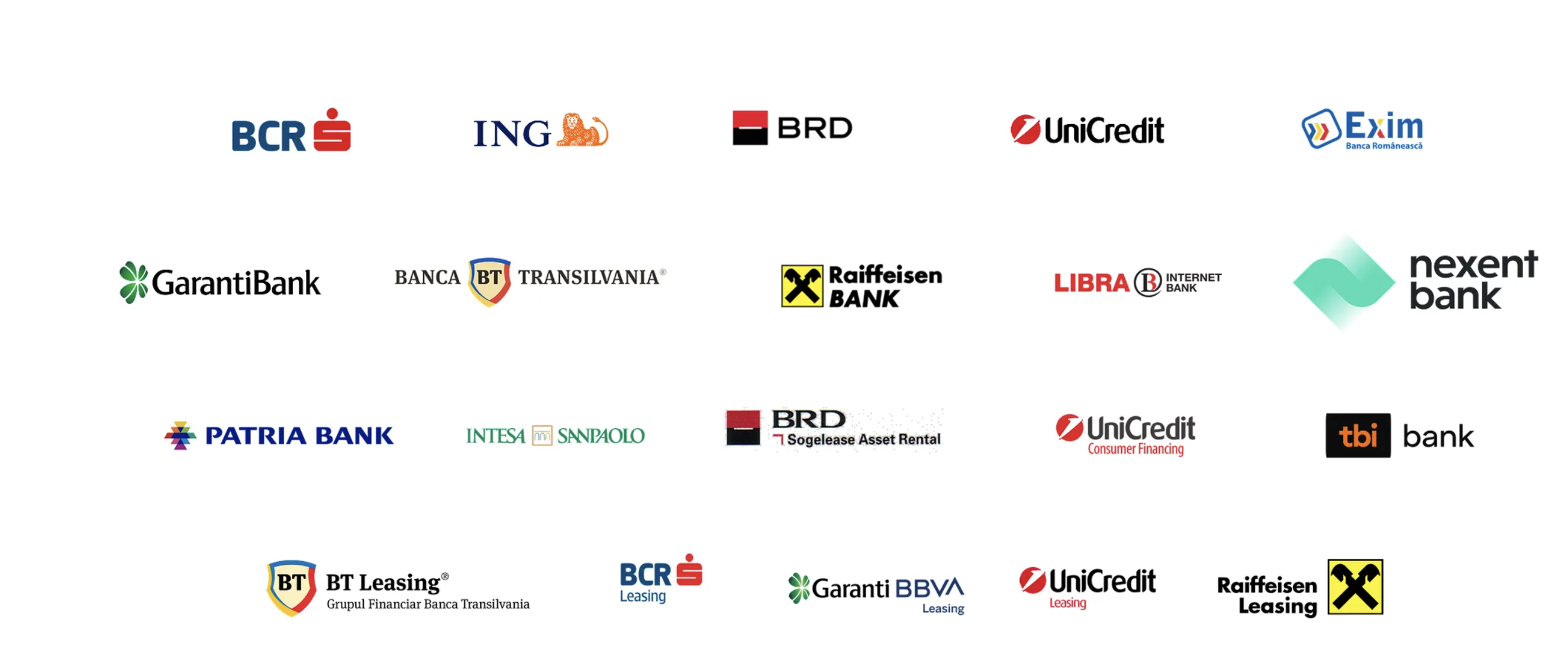 BCR, ING, BRD, UniCredit, Exim, Garanti, Banca Transilvania, Raiffeisen, Libra, Nexent, Patria Bank, Intesa Sanpaolo, TBI Bank